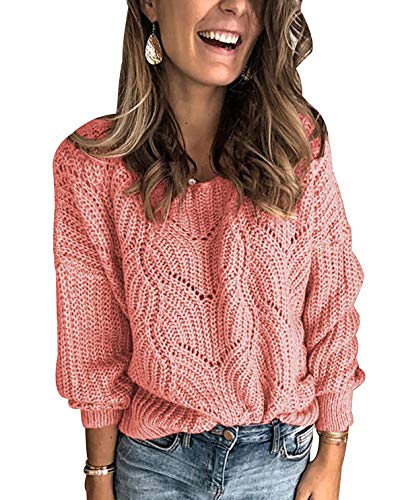 Strickpullover Damen Oversize Pullover Strick Damen Zopfstrick Stricken Pulli Damen Grobstrickpullover Damen Winterpullover Zopfmuster Grober Strickpulli Damen Winterpulli Pullis Frauen Sweater Rosa M von Peuignao