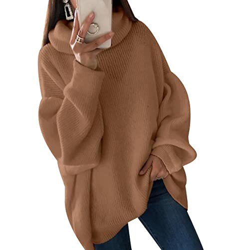 Strickpullover Damen Oversize Turtleneck Pullover Damen Strick Knit Sweater Pulli Süße Overzised Zopfstrick Pullover Frauen Strickpulli Rippstrick Gestrickter Kuschel Knitted Pullover Damen Braun XL von Peuignao