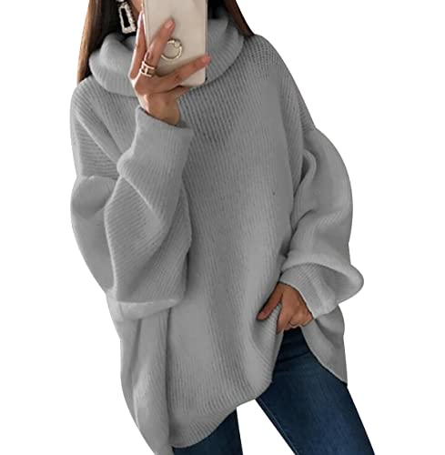 Strickpullover Damen Oversize Turtleneck Pullover Damen Strick Knit Sweater Pulli Süße Overzised Zopfstrick Pullover Frauen Strickpulli Rippstrick Gestrickter Kuschel Knitted Pullover Damen Grau XXL von Peuignao