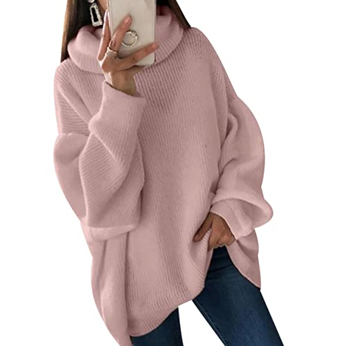 Strickpullover Damen Oversize Turtleneck Pullover Damen Strick Knit Sweater Pulli Süße Overzised Zopfstrick Pullover Frauen Strickpulli Rippstrick Gestrickter Kuschel Knitted Pullover Damen Rosa S von Peuignao