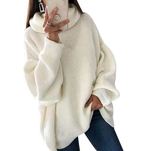 Strickpullover Damen Oversize Turtleneck Pullover Damen Strick Knit Sweater Pulli Süße Overzised Zopfstrick Pullover Frauen Strickpulli Rippstrick Gestrickter Kuschel Knitted Pullover Damen Weiß L von Peuignao