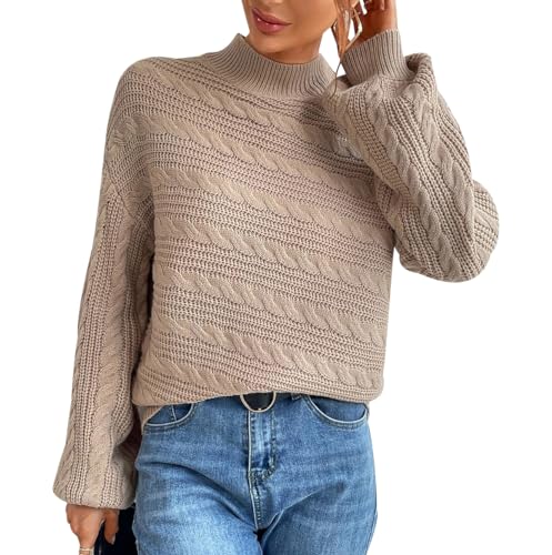 Strickpullover Damen Oversize Zopfmuster Dünner Pullover Damen Winter Pulli Frauen Pullis Zopfstrick Rippstrick Pullover für Damen Overzised Feinstrick Gestrickter Pulli Strickpulli Damen Khaki L von Peuignao