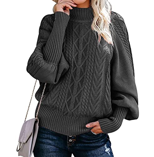 Strickpullover Damen Oversize Zopfmuster Pullover Damen Pulli Sweater Overzised Zopfstrick Pullover Frauen Strickpulli Gestrickter Jacquard Pullover Grober Strickpullover Damen Herbst Winter Grau 3XL von Peuignao