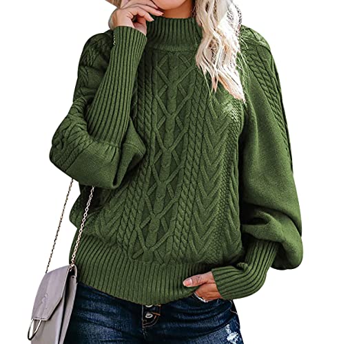 Strickpullover Damen Oversize Zopfmuster Pullover Damen Pulli Sweater Overzised Zopfstrick Pullover Frauen Strickpulli Gestrickter Jacquard Pullover Grober Strickpullover Damen Herbst Winter Grün XL von Peuignao