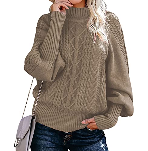 Strickpullover Damen Oversize Zopfmuster Pullover Damen Pulli Sweater Overzised Zopfstrick Pullover Frauen Strickpulli Gestrickter Jacquard Pullover Grober Strickpullover Damen Herbst Winter Khaki 3XL von Peuignao