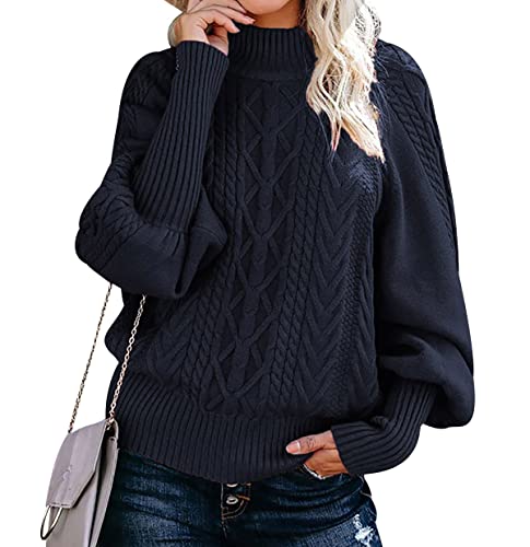 Strickpullover Damen Oversize Zopfmuster Pullover Damen Pulli Sweater Overzised Zopfstrick Pullover Frauen Strickpulli Gestrickter Jacquard Pullover Grober Strickpullover Damen Herbst Winter Marine M von Peuignao