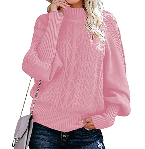 Strickpullover Damen Oversize Zopfmuster Pullover Damen Pulli Sweater Overzised Zopfstrick Pullover Frauen Strickpulli Gestrickter Jacquard Pullover Grober Strickpullover Damen Herbst Winter Rosa XXL von Peuignao