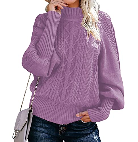 Strickpullover Damen Oversize Zopfmuster Pullover Damen Pulli Sweater Overzised Zopfstrick Pullover Frauen Strickpulli Gestrickter Jacquard Pullover Grober Strickpullover Damen Herbst Winter Violett L von Peuignao