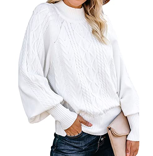 Strickpullover Damen Oversize Zopfmuster Pullover Damen Pulli Sweater Overzised Zopfstrick Pullover Frauen Strickpulli Gestrickter Jacquard Pullover Grober Strickpullover Damen Herbst Winter Weiß XL von Peuignao