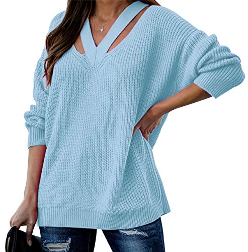 Strickpullover Damen V Ausschnitt Oversize V-Ausschnitt Pullover Strick Damen Zopfstrick Stricken Pulli Damen Grobstrickpullover Damen Winterpullover Grober Strickpulli Damen Oversized Sweater Blau XL von Peuignao