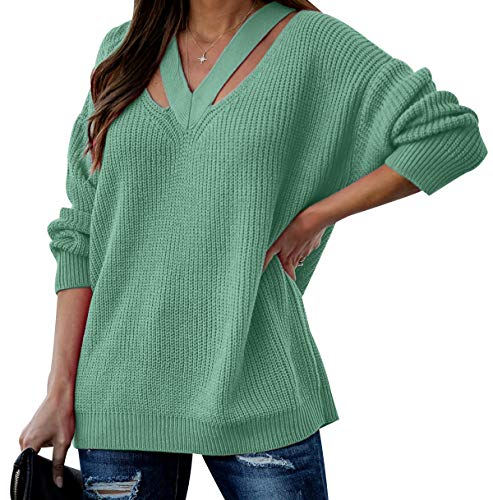 Strickpullover Damen V Ausschnitt Oversize V-Ausschnitt Pullover Strick Damen Zopfstrick Stricken Pulli Damen Grobstrickpullover Damen Winterpullover Grober Strickpulli Damen Oversized Sweater Grün XL von Peuignao