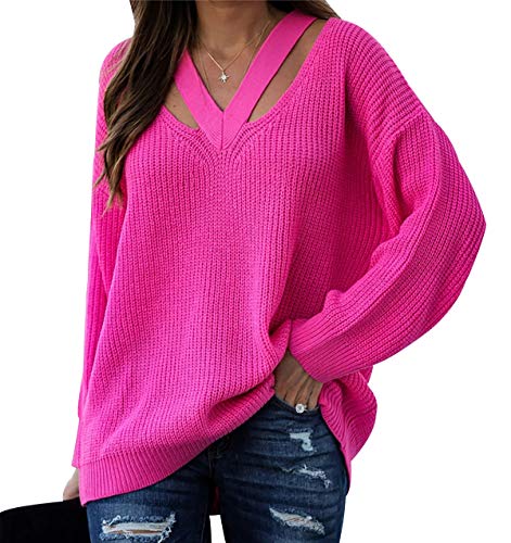 Strickpullover Damen V Ausschnitt Oversize V-Ausschnitt Pullover Strick Damen Zopfstrick Stricken Pulli Damen Grobstrickpullover Damen Winterpullover Grober Strickpulli Damen Oversized Sweater Rosa L von Peuignao