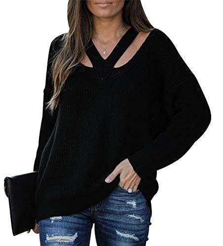 Strickpullover Damen V Ausschnitt Oversize V-Ausschnitt Pullover Strick Damen Zopfstrick Stricken Pulli Damen Grobstrickpullover Damen Winterpullover Strickpulli Damen Oversized Sweater Schwarz L von Peuignao