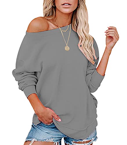 Sweatshirt Damen Overzised Off Shoulder Pullover Damen Pulli Schulterfrei Oversize Pullover Frauen Basic Lässiger Kuschel Sweat Pullis Süße Crewneck Sweatshirts für Damen Langarm Lockerer Grau 3XL von Peuignao