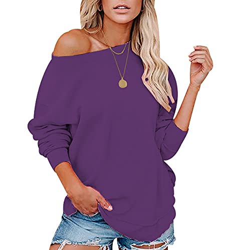 Sweatshirt Damen Overzised Off Shoulder Pullover Damen Pulli Schulterfrei Oversize Pullover Frauen Basic Lässiger Kuschel Sweat Pullis Süße Crewneck Sweatshirts für Damen Langarm Lockerer Lila L von Peuignao