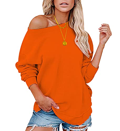 Sweatshirt Damen Overzised Off Shoulder Pullover Damen Pulli Schulterfrei Oversize Pullover Frauen Basic Lässiger Kuschel Sweat Pullis Süße Crewneck Sweatshirts für Damen Langarm Lockerer Orange 3XL von Peuignao