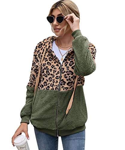 Teddy Jacken für Damen Teddy Mantel Teddyjacke Fleecejacke Vliesjacke Fleecemantel Damen Leo Teddymantel Frau Plüschmantel Flauschige Sweatshirt Jacke Teddymäntel Frauen Plüschjacke Damen Warm Grün S von Peuignao