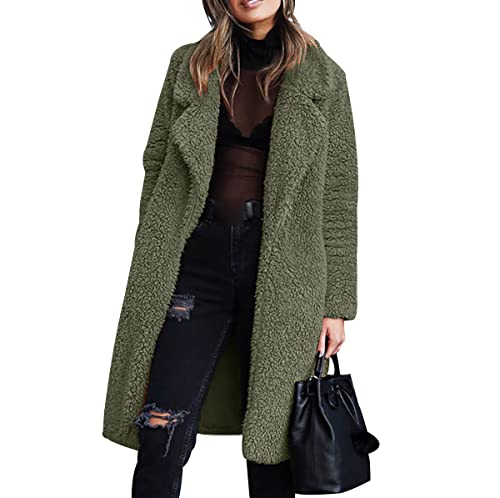 Teddy Mantel Damen Lang Teddy Jacken für Damen Teddyjacke Fleecejacke Vliesjacke Fleecemantel Damen Teddymantel Frau Plüschmantel Sherpa Flauschige Jacke Teddymäntel Frauen Plüschjacke Damen Grün XXL von Peuignao