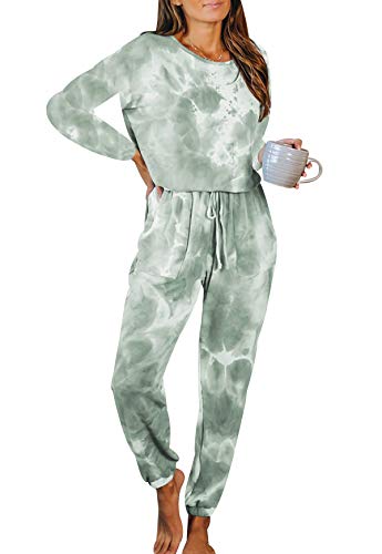 Tie Dye Schlafanzug Damen Hausanzug Jumpsuit 2 Piece Pyjama Set Frauen Loungewear Freizeitanzug Nachtwäsche Damen Langarm Homewear Zweiteiliger Schlafanzüge Damen Freizeitanzüge Grosse Grössen Grün M von Peuignao