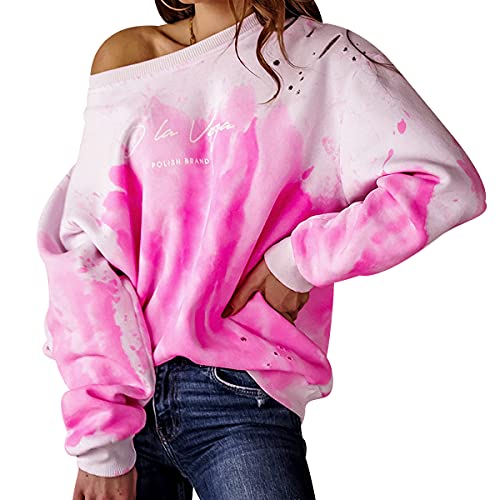 Tie Dye Sweatshirt Damen Overzised Off Shoulder Pullover Damen Pulli Schulterfrei Oversize Pullover Frauen Lässiger Sweat Pullis Süße Crewneck Sweatshirts für Damen Langarm Casual Lockerer Rosa L von Peuignao