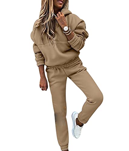 Trainingsanzug Damen Freizeitanzug Hausanzug Damen Große Größen Loungewear 2Pac Jogginganzug Damen Set Tracksuit Women Zweiteiler 2 Teiler Damen Jogginganzüge Trainingsanzüge für Frauen Khaki 3XL von Peuignao