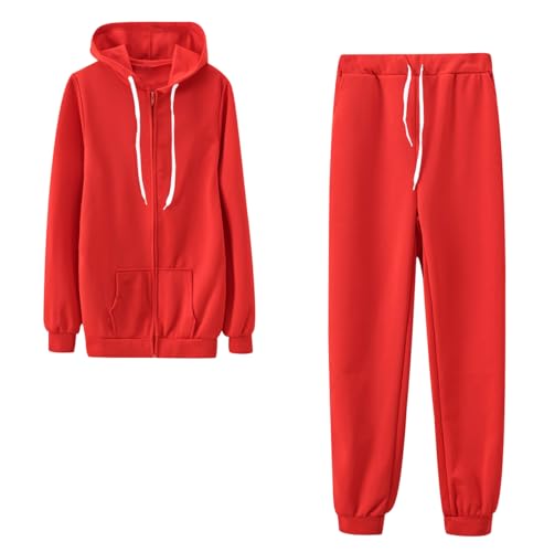 Trainingsanzug Damen Jogginganzug Damen Set Hoodie Zipper Loungewear Damen Set Sportanzug Freizeitanzug Hausanzug Damen Set Jogginganzüge für Frauen Trainingsanzüge Damen Lang Große Größen Rot XL von Peuignao