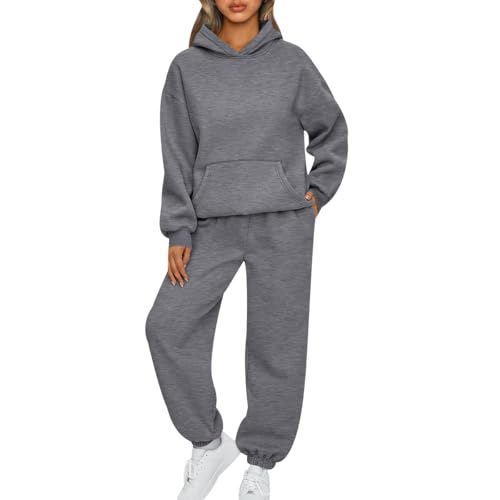 Trainingsanzug Damen Loungewear Damen Set Freizeitanzug Jogginganzug Damen Set Hoodie Hausanzug 2-Teilig Damen Kuschelig Sportanzug Damen Set Tracksuit Jogginganzüge Damen Lang Große Größen Grau L von Peuignao