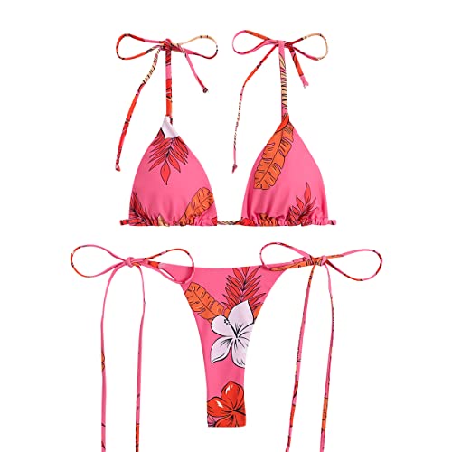Triangel Bikini Damen Push Up Bikinis für Damen Zweiteiliger Badeanzug Damen Pushup Brazilian Surf Bade Bikini Neckholder Damen Set Badeanzüge Frauen Bademode Bikini-Sets für Damen Blumen Rot M von Peuignao