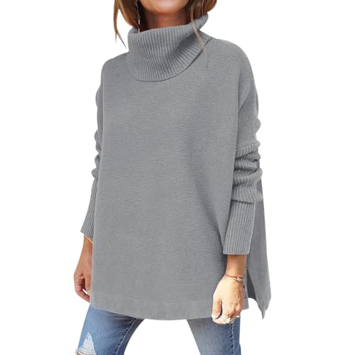 Turtleneck Pullover Damen Strickpullover Oversize Pullover Damen Winter Overzised Pulli Frauen Pullis Winterpullover Rippstrick Basic Pullover Strickpulli für Damen Knitted Sweater Women Grau XXL von Peuignao