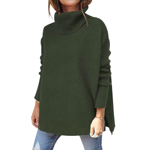 Turtleneck Pullover Damen Strickpullover Oversize Pullover Damen Winter Overzised Pulli Frauen Pullis Winterpullover Rippstrick Basic Pullover Strickpulli für Damen Knitted Sweater Women Grün XXL von Peuignao