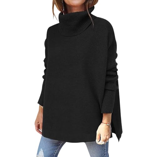 Turtleneck Pullover Damen Strickpullover Oversize Pullover Damen Winter Overzised Pulli Frauen Pullis Winterpullover Rippstrick Basic Pullover Strickpulli für Damen Knitted Sweater Women Schwarz XL von Peuignao