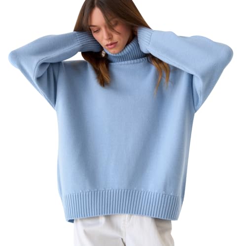 Turtleneck Pullover Damen Strickpullover Oversize Zopfmuster Pullover Damen Winter Rollkragen Pulli Frauen Pullis Winterpullover Zopfstrick Rippstrick Basic Pullover Strickpulli für Damen Blau M von Peuignao