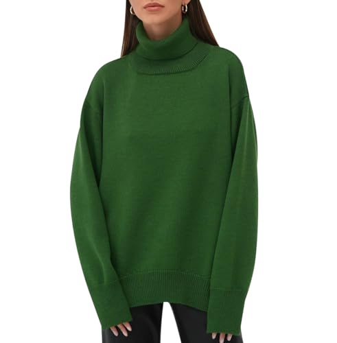 Turtleneck Pullover Damen Strickpullover Oversize Zopfmuster Pullover Damen Winter Rollkragen Pulli Frauen Pullis Winterpullover Zopfstrick Rippstrick Basic Pullover Strickpulli für Damen Grün L von Peuignao