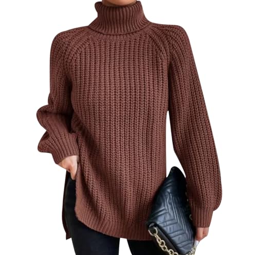 Turtleneck Pullover Damen Strickpullover Oversize Zopfmuster Pullover Damen Winter Rollkragen Pulli Strick Frauen Pullis Winterpullover Zopfstrick Rippstrick Pullover Strickpulli für Damen Braun M von Peuignao