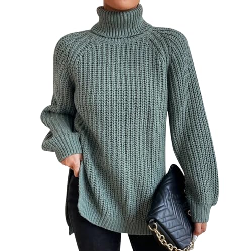 Turtleneck Pullover Damen Strickpullover Oversize Zopfmuster Pullover Damen Winter Rollkragen Pulli Strick Frauen Pullis Winterpullover Zopfstrick Rippstrick Pullover Strickpulli für Damen Grün S von Peuignao