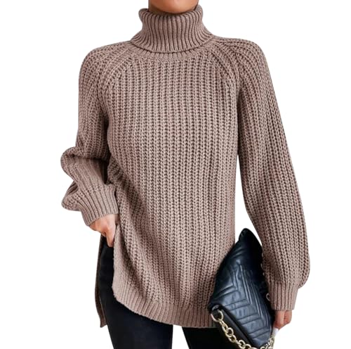 Turtleneck Pullover Damen Strickpullover Oversize Zopfmuster Pullover Damen Winter Rollkragen Pulli Strick Frauen Pullis Winterpullover Zopfstrick Rippstrick Pullover Strickpulli für Damen Khaki XL von Peuignao