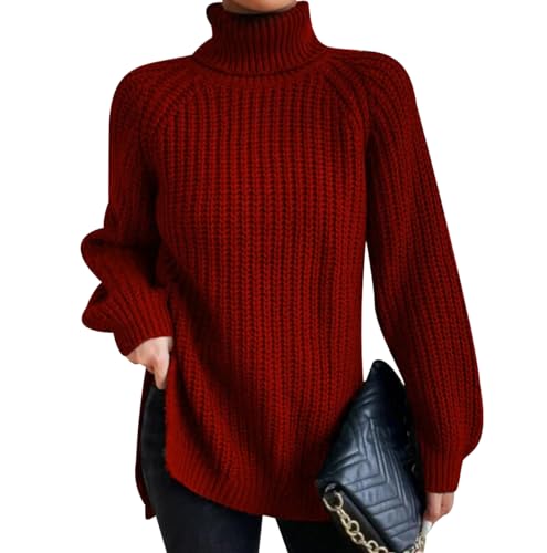 Turtleneck Pullover Damen Strickpullover Oversize Zopfmuster Pullover Damen Winter Rollkragen Pulli Strick Frauen Pullis Winterpullover Zopfstrick Rippstrick Pullover Strickpulli für Damen Rot XXL von Peuignao