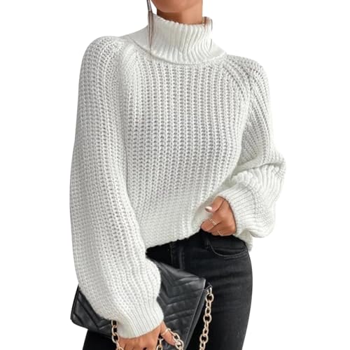 Turtleneck Pullover Damen Strickpullover Oversize Zopfmuster Pullover Damen Winter Rollkragen Pulli Strick Frauen Pullis Winterpullover Zopfstrick Rippstrick Pullover Strickpulli für Damen Weiß 3XL von Peuignao