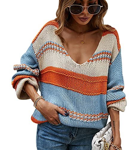V Ausschnitt Pullover Damen Strick Strickpullover Damen Oversize Zopfmuster Zopfstrick Pullover Frauen Strickpulli Pulli V Neck Gestreifter Pullover V-Pullover Grober Strickpullover Damen Orange XL von Peuignao