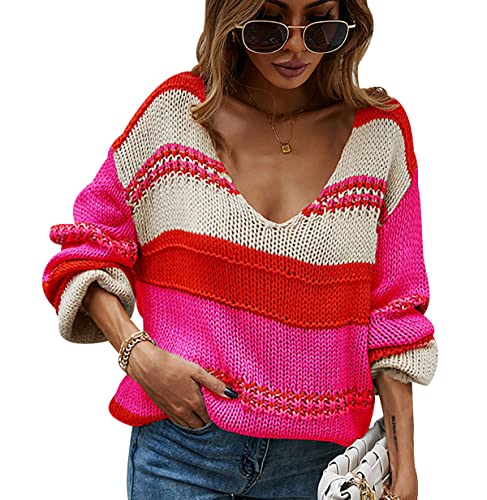 V Ausschnitt Pullover Damen Strick Strickpullover Damen Oversize Zopfmuster Zopfstrick Pullover Frauen Strickpulli Pulli V Neck Gestreifter Pullover V-Pullover Grober Strickpullover Damen Rosa XL von Peuignao