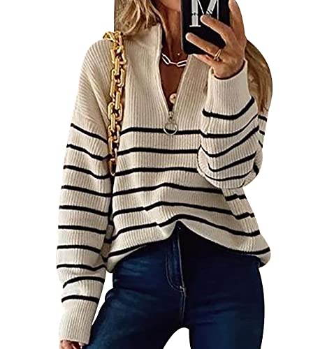 V Neck Gestreifter Zip Pullover Damen V Ausschnitt Winter Strickpullover Damen Pulli Knitted Sweater Damen Frauen Gestrickter Zipper Pullover Strick V-Pullover Strickpulli Pullis für Damen Beige L von Peuignao