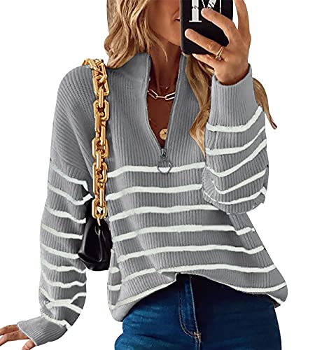 V Neck Gestreifter Zip Pullover Damen V Ausschnitt Winter Strickpullover Damen Pulli Knitted Sweater Damen Frauen Gestrickter Zipper Pullover Strick V-Pullover Strickpulli Pullis für Damen Grau L von Peuignao