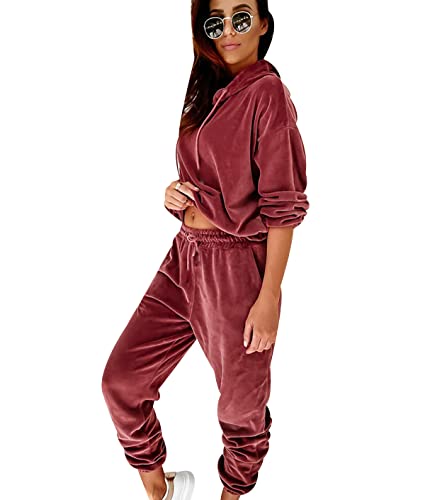 Velour Trainingsanzug Damen Freizeitanzug Hausanzug Damen Große Größen Loungewear 2Pac Jogginganzug Damen Set Tracksuit Women Zweiteiler 2 Teiler Damen Jogginganzüge Trainingsanzüge Frauen Rot 3XL von Peuignao