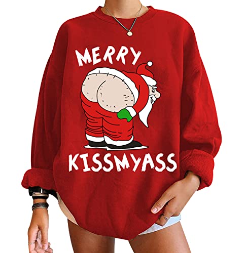 Weihnachtspullover Damen Hässlicher Hässliche Weihnachtspullover Xmas Pullover Damen Ugly Merry Christmas Pullover Pulli Weihnachten Weihnachtspulli Damen Santa Lustige Weihnachtspullover Rot 3XL von Peuignao