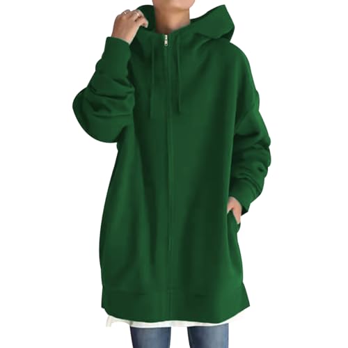 Zip Hoodie Damen Lang Sweatshirt Jacke Damen Oversize Kapuzen Sweatjacke Damen Hoody Kapuzenpullover Damen Oversized Zipper Long Hoodie Jacke Frauen Kapuzenpulli Sweatshirtjacke für Damen Grün XXL von Peuignao