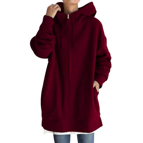 Zip Hoodie Damen Lang Sweatshirt Jacke Damen Oversize Kapuzen Sweatjacke Damen Hoody Kapuzenpullover Damen Oversized Zipper Long Hoodie Jacke Frauen Kapuzenpulli Sweatshirtjacke für Damen Rot 5XL von Peuignao