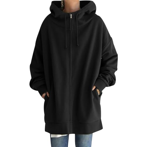 Zip Hoodie Damen Lang Sweatshirt Jacke Damen Oversize Kapuzen Sweatjacke Damen Hoody Kapuzenpullover Damen Oversized Zipper Long Hoodie Jacke Frauen Kapuzenpulli Sweatshirtjacke für Damen Schwarz XL von Peuignao
