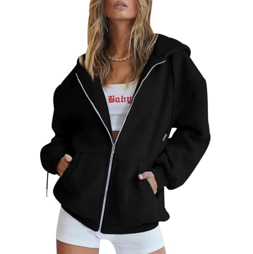 Zip Hoodie Damen Sweatshirt Jacke Damen Oversize Kapuzen Sweatjacke Damen Hoody Kapuzenpullover Damen Oversized Zipper Hoodie Jacke Frauen Kapuzenpulli Sweatshirtjacke Hoodies für Damen Schwarz 5XL von Peuignao