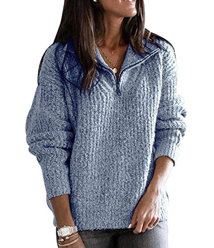 Zip Pullover Strick Damen Strickpullover Damen Oversize Stricken Pulli Frauen Grobstrickpullover Pullis Grober Winterpullover Overzised Longpullover Zopfstrick Strickpulli Damen Winterpulli Blau L von Peuignao