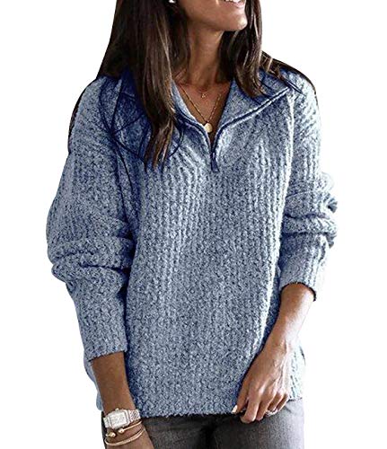 Zip Pullover Strick Damen Strickpullover Damen Oversize Stricken Pulli Frauen Grobstrickpullover Pullis Grober Winterpullover Overzised Longpullover Zopfstrick Strickpulli Damen Winterpulli Blau XXL von Peuignao